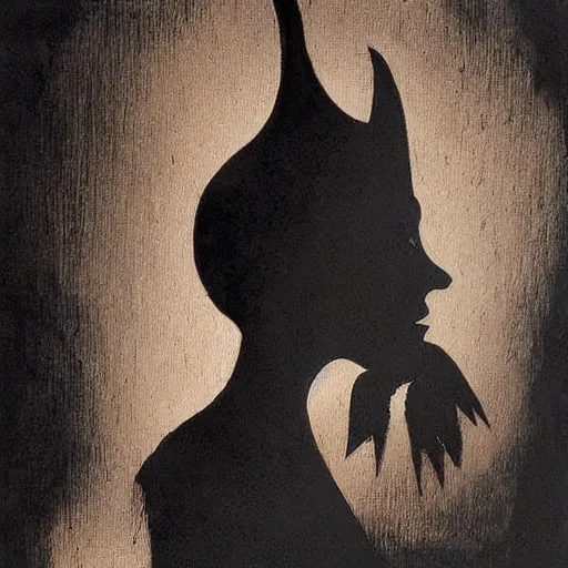 Prompt: the profile of a woman's face is looking down in one direction, a male shadow is facing the other direction, dark mood, accentuated shadows, by Dave McKean