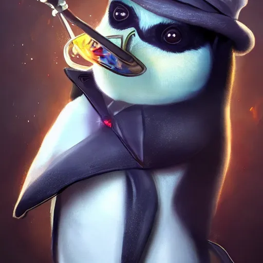 Image similar to epic professional digital airbrushed portrait art of a cute baby penguin dressed as a magician,, best on artstation, cgsociety, wlop, Behance, pixiv, cosmic, epic, stunning, gorgeous,, masterpiece by Dorian Cleavanger and Stanley Lau,