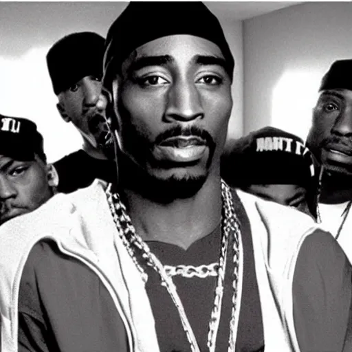 Image similar to a film still from menace to society. starring tupac shakur