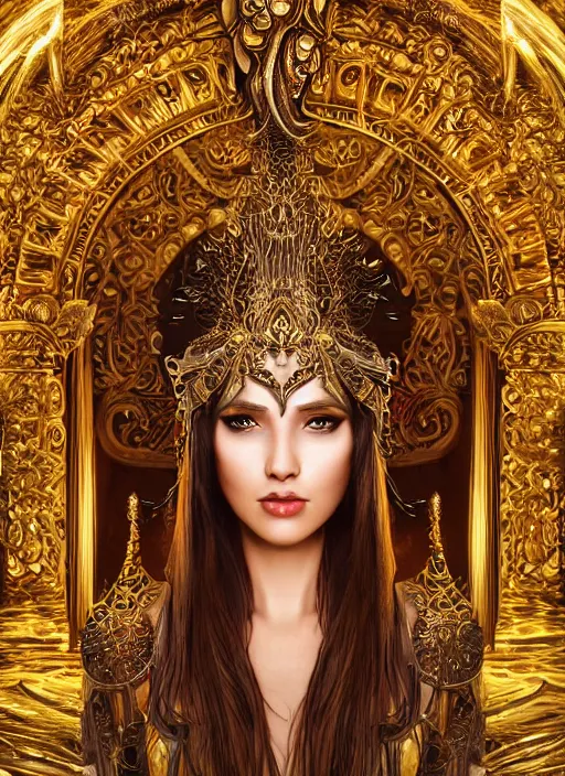 Image similar to beautiful full body concept art, photorealistic symmetrical beautiful face, female priestess with shiny hair wearing full intricate clothing standing in a slimy temple, godray, intricate lighting, micro detail, cg society