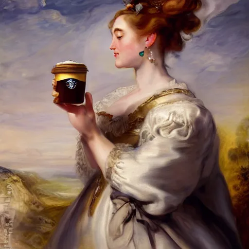 Image similar to heavenly summer sharp land sphere scallop well dressed lady holding a starbucks coffee cup, auslese, by peter paul rubens and eugene delacroix and karol bak, hyperrealism, digital illustration, fauvist, starbucks coffee cup