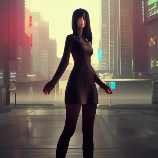 Image similar to a woman standing next to a pole in a city, cyberpunk art by Ilya Kuvshinov, cgsociety, photorealism, 2d game art, official art, daz3d