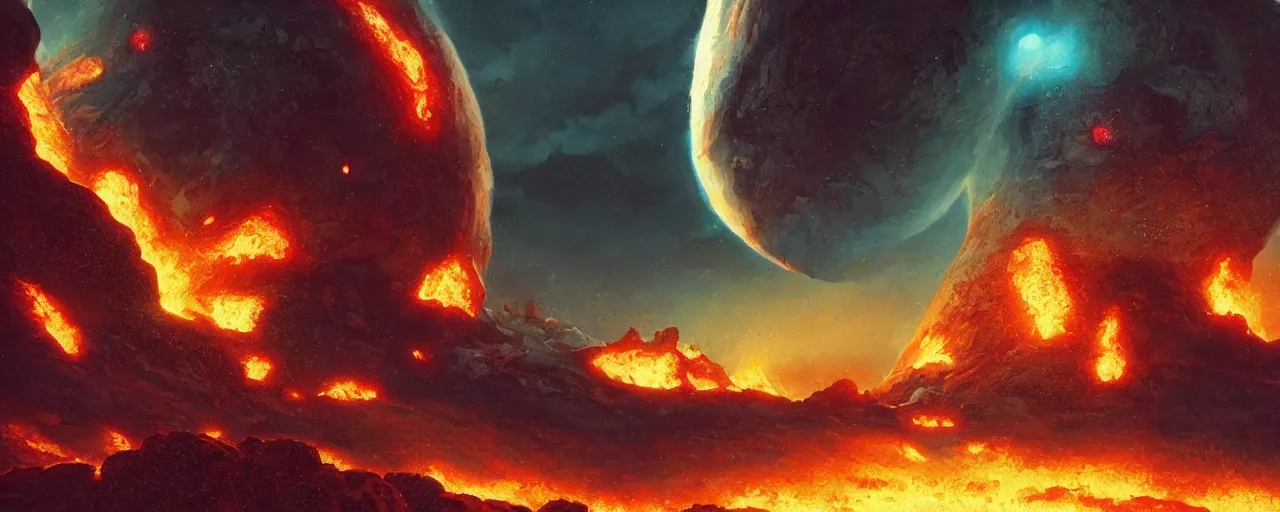 Image similar to ” outer planet with erupting volcanoes, [ art by paul lehr, cinematic, detailed, epic, widescreen, opening, establishing, mattepainting, photorealistic, realistic textures, octane render ] ”