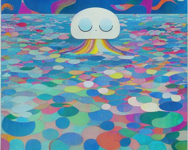 Image similar to Ocean waves in a psychedelic dream world. Wayne Thiebaud. Takashi Murakami. Paul Klee. Minimalist.