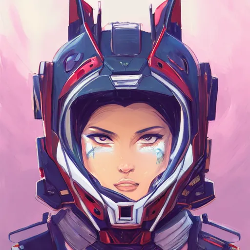 Image similar to a portrait of a stunning beautiful vampire fox gundam pilot, with an intricate, detailed, urban inspired hiphop afro futuristic helmet, vector behance hd jesper ejsing, rhads, makoto shinkai, lois van baarle, ilya kuvshinov, rossdraws, hd, 3 2 k, ilya kuvshinov, gustav klimt