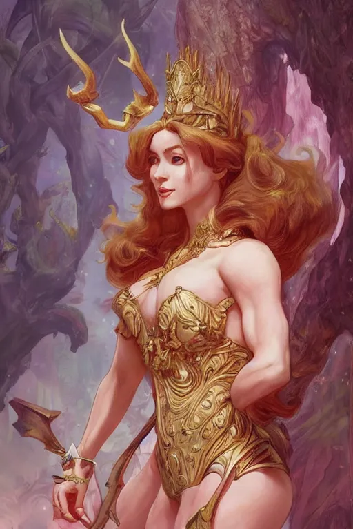 Image similar to portrait of princess peach as a herculian demon woman, forest, full body, muscular, fantasy, intricate, elegant, highly detailed, digital painting, artstation, concept art, sharp focus, illustration, art by artgerm and greg rutkowski and alphonse mucha