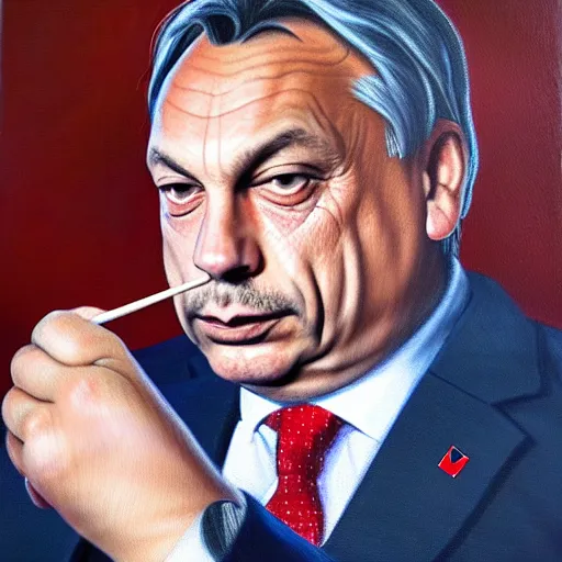 Prompt: viktor orban knitting, oil painting