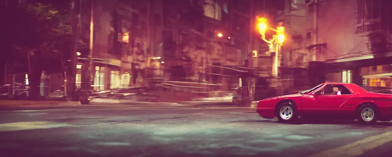 Image similar to 80s red sports car, parked on deserted city street at night time, purple lighted street, retrowave vibes, grainy, soft motion blur, VHS Screencap