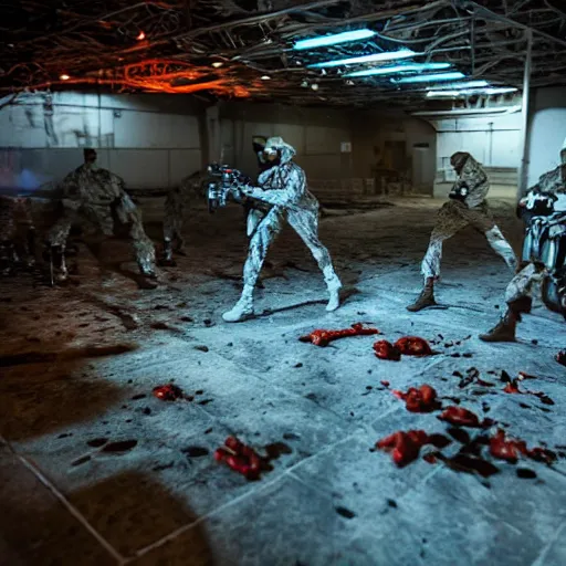 Image similar to Several soldiers, laser sights on weapons, cyber woman enemy robot nearby, dead soldiers on ground, meat, blood, bones, Abandoned night hangar, dim blue light, foggy room,-W 768