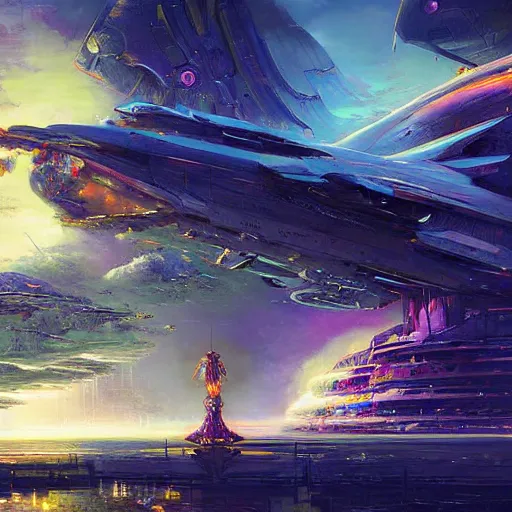 Image similar to skies walking castle crashed spaceship rich digital art depth of field sacred fantasy by alex grey, syd mead, john berkey, fenghua zhong, alena aenami, tristan eaton, john stephens, arthur adams