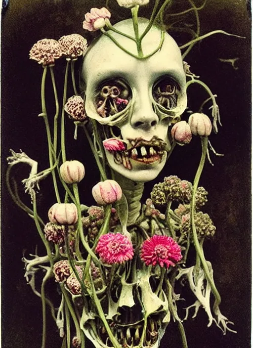 Image similar to beautiful and detailed rotten woman made of plants and many types of stylized flowers like carnation, chrysanthemum and tulips, anatomical, intricate, organs, ornate, surreal, john constable, guy denning, gustave courbet, caravaggio, romero ressendi 1 9 1 0 polaroid photo