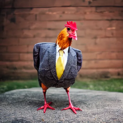 Image similar to a high quality photo of a chicken wearing a suit, 8k, Greg Rutkowsky