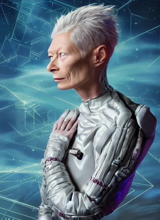 Prompt: biblical daemonic Tilda Swinton wearing a spacesuit, glowing veins, looking sideways, second coming, rule of thirds, studio portrait by Greg Hildebrandt, studio lighting, muted colors, by Terry Richardson, by Leonardo DaVinci, by Beeple, ultrarelistic, extreme detail, caustics, trending on Artstation, 8K, octane renderer, rtx on