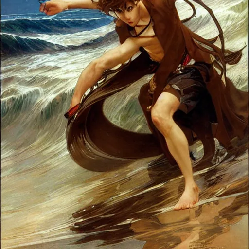 Prompt: epic battle brown haired boy summons a huge wave of water. jc leyendecker shigenori soejima. gaston bussiere