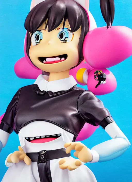 Prompt: a hyperrealistic oil panting of a looney kawaii vocaloid figurine caricature with a big dumb goofy grin and pretty sparkling anime eyes featured on Wallace and Gromit by studio trigger