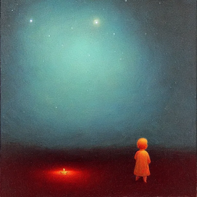 Image similar to a small figure staring at the stars, warn lighting, glowing, arkhip kuindzhi painting, teal palette, eschaton