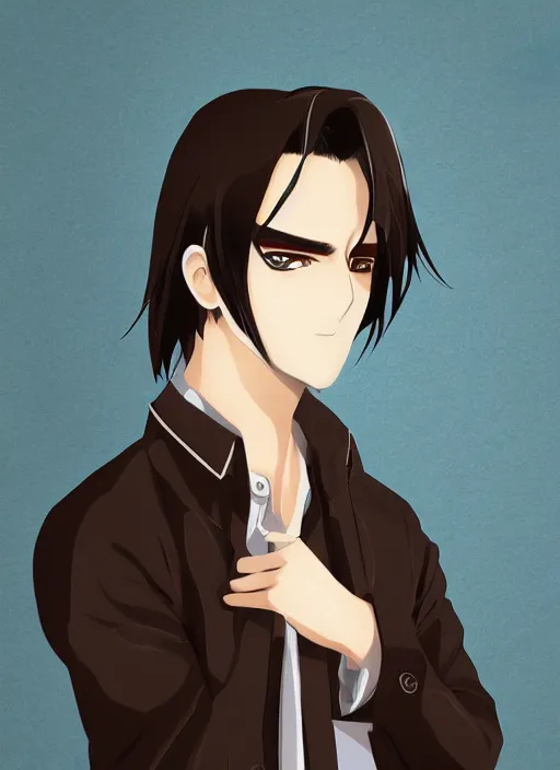 Image similar to anime style portrait illustration, handsome male vampire, focus on face, pretty, cinematic lighting, painterly, long black hair, dark blue shirt and light brown trenchcoat