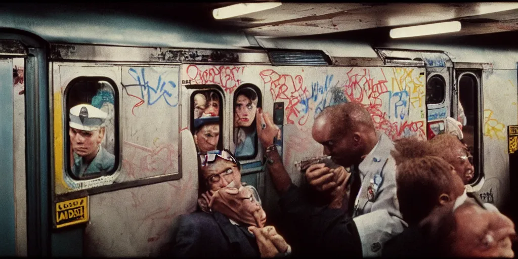 Image similar to new york subway cabin 1 9 8 0 s inside all in graffiti, policeman closeup, coloured film photography, christopher morris photography, bruce davidson photography