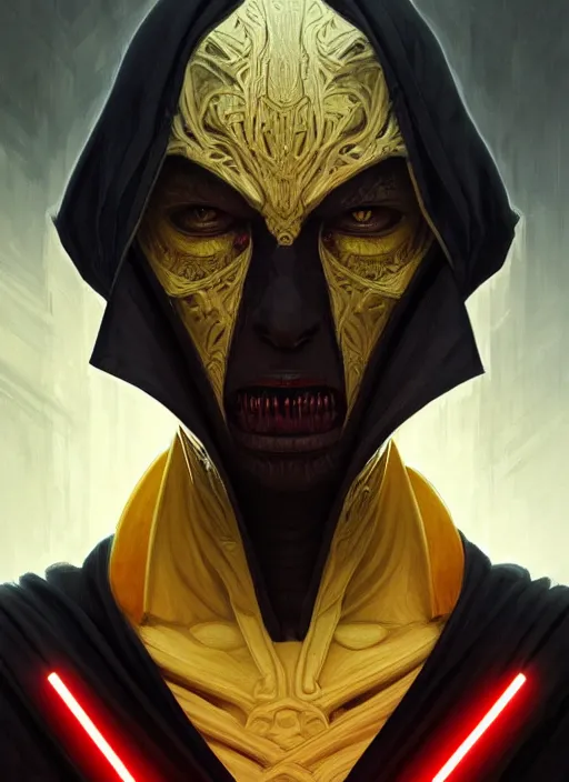 Prompt: portrait of an evil sith-lord, human face, evil yellow eyes, enraged, angry, dark evil robes, intricate, elegant, highly detailed, digital painting, artstation, concept art, smooth, sharp focus, illustration, art by artgerm and greg rutkowski and alphonse mucha