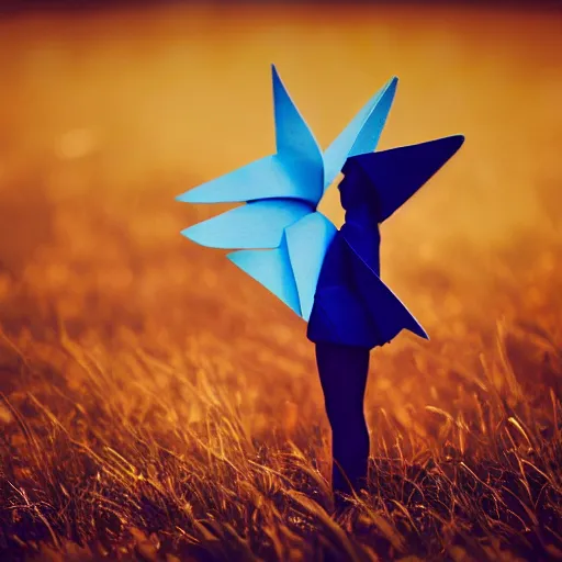 Prompt: A girl made of paper folded origami dramatic lighting, with bokeh effect in a sunny meadow