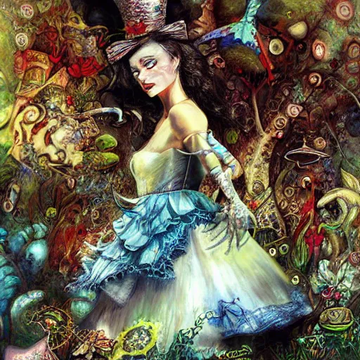 Image similar to alice in wonderland tripping on lsd, intricate detail, painting, royo, frazetta, whealan,