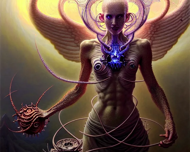 Image similar to drone view of an angel surrounded by an army of endless demons, fantasy character portrait made of fractals facing each other, ultra realistic, wide angle, intricate details, the fifth element artifacts, highly detailed by peter mohrbacher, hajime sorayama, wayne barlowe, boris vallejo, aaron horkey, gaston bussiere, craig mullins