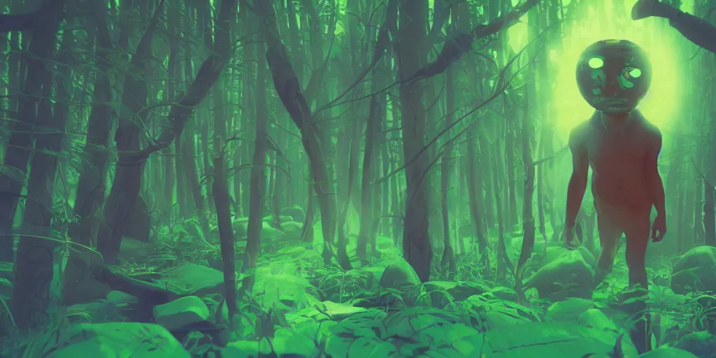 Prompt: 1 6 mm, film, tight shot of subject, a vr shaman rediscovering himself on psychedelics in a mystical glowing forest in the style of beeple, mike mignola, vibrant colors and hard shadows and strong rim light, perfect details, comic character design, trending on artstation, 3 d render, smooth render, green, wlop