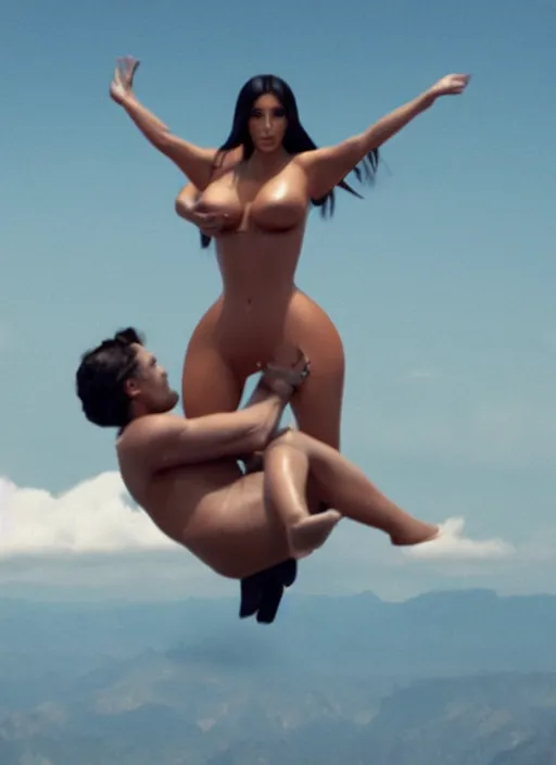 Image similar to film still of kim kardashian being held up in the air by an alien, 8 k