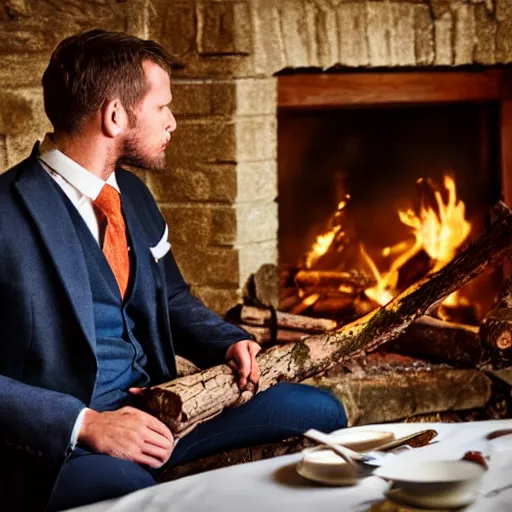 Prompt: man in a waistcoat sitting with a log fire opposite him at a table romantic soft focus nikon