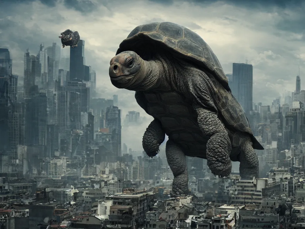 Prompt: Giant Tortoise Kaiju towering over a city as people run away, photo realistic, movie still, 4k, 8k, action film