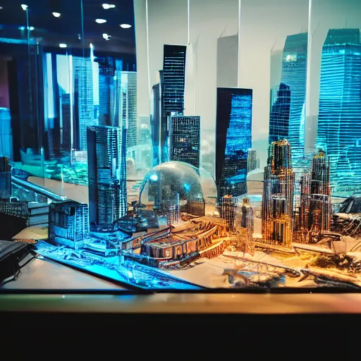 Prompt: large group people in open warehouse, looking at hologram of futuristic city on a table, cinematic still, godrays, golden hour, natural sunlight, 4 k, clear details, tabletop model buildings, tabletop model, ethereal hologram center, crane shot, crane shot, crane shot