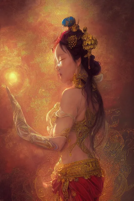 Image similar to tarot card artstation, portrait of an asian love dancer, sunrise, baroque ornamnet and rococo ornament, ancient chinese ornate, hyperdetailed, beautiful lighting, craig mullins, mucha, klimt, yoshitaka amano, red and gold and orange color palatte