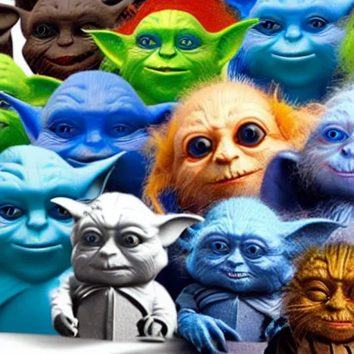 Image similar to blue Yoda surrounded by other members of his species of various colors