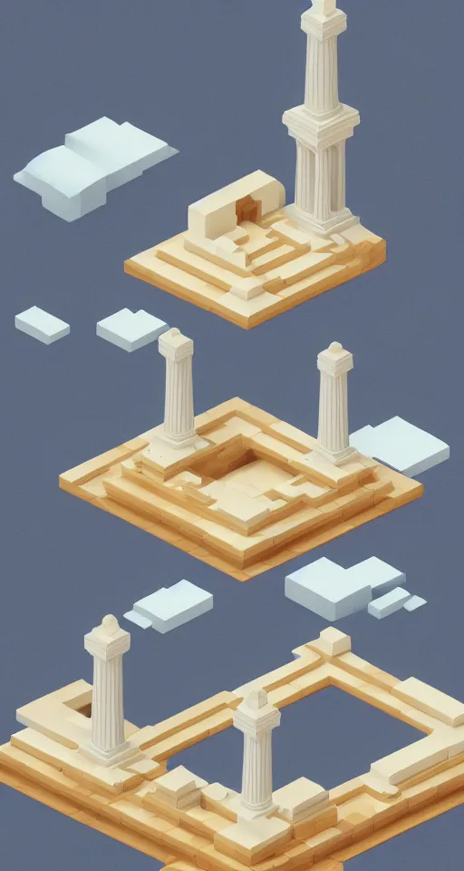 Prompt: geometric design isometric greek temple with godly clouds behind the top, trending on artstation, 3D render, monument valley