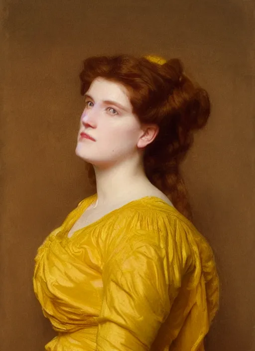 Image similar to portrait of jemma channing, wearing yellow ochre, preraphaelite colour photography by frederic leighton, 8 k