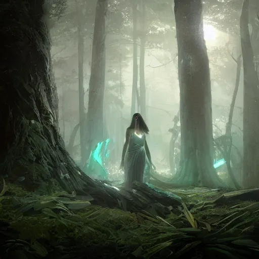 Image similar to a wide shot of beautiful greek goddess in a bioluminescent ancient dark forest, greg rutkowski, 8 k, shallow depth of field, ultra high detail, concept art,