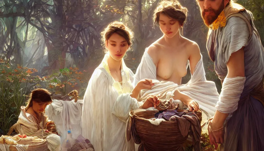 Prompt: perfectly-centered-Portrait of the most beautiful people on the planet, river, washing clothes, intricate, highly detailed, digital painting, artstation, concept art, smooth, sharp focus, illustration, Unreal Engine 5, 8K, art by artgerm and greg rutkowski and alphonse mucha