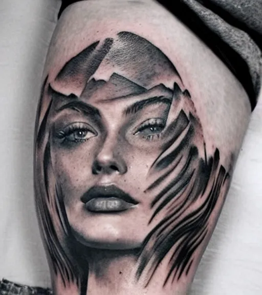 Image similar to creative double exposure effect tattoo design sketch of margot and beautiful mountains and nature, margot robbie, mountain scenery, realism tattoo, in the style of matteo pasqualin, amazing detail, sharp