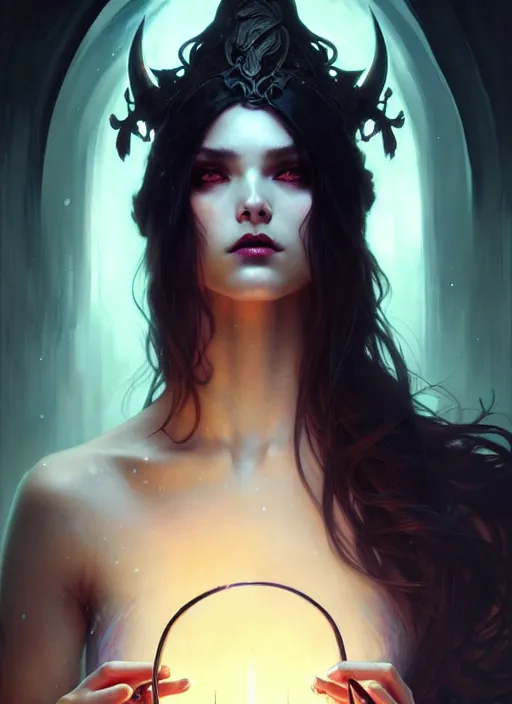 Image similar to a beautiful cinematic female Necromancer Sorceress goddess of death, fantasy magic, undercut hairstyle, dark light night, intricate, elegant, sharp focus, illustration, highly detailed, digital painting, concept art, matte, art by WLOP and Artgerm and Greg Rutkowski and Alphonse Mucha, masterpiece