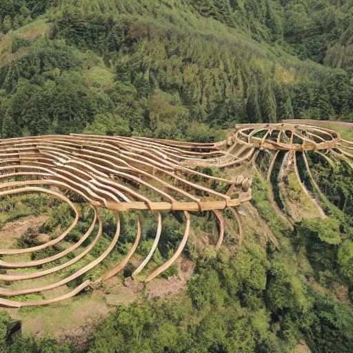 Image similar to Aerial establishing shot of circular wood palisade containing a village