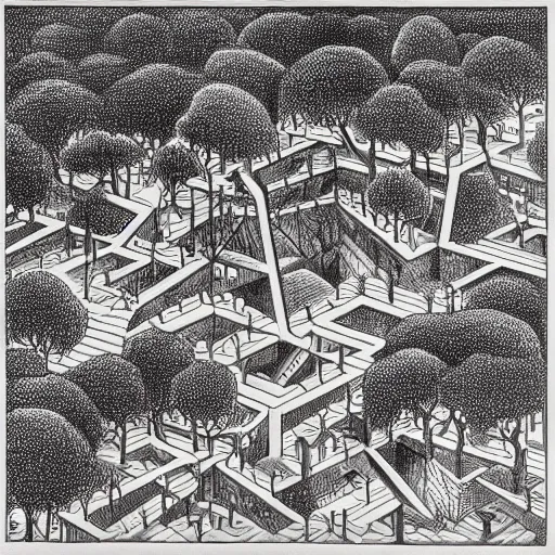 Image similar to a non - euclidean city by the river with a forest, detailed drawing by m. c. escher