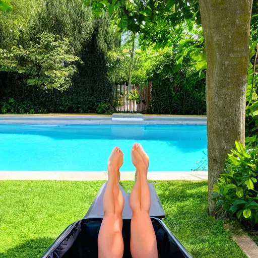 Image similar to womanlegs in the swimming pool with some trees in the garden