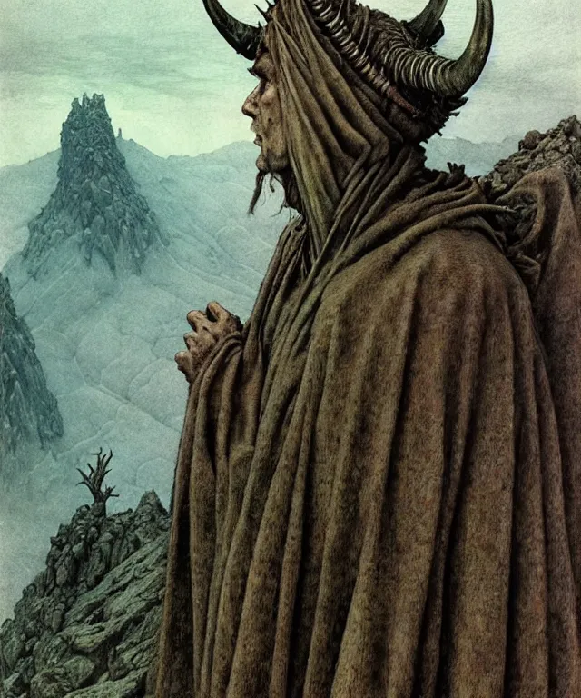 Image similar to A detailed horned crocodileman stands among the hills. Wearing a ripped mantle, robe. Perfect faces, extremely high details, realistic, fantasy art, solo, masterpiece, art by Zdzisław Beksiński, Arthur Rackham, Dariusz Zawadzki