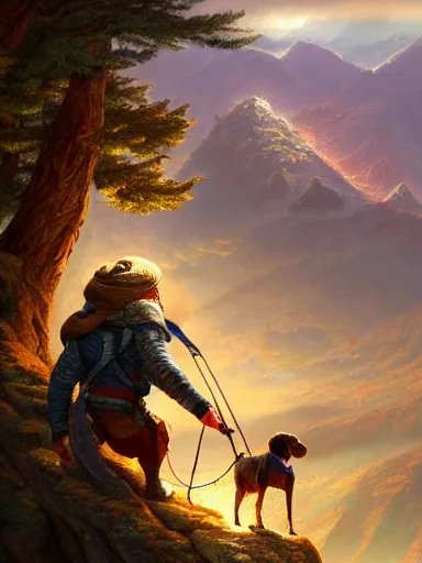 Image similar to an adventurer with his dog. near a precipice the sun and mountains on the background., intricate, elegant, highly detailed, digital painting, artstation, concept art, sharp focus, illustration, by justin gerard and artgerm, 8 k