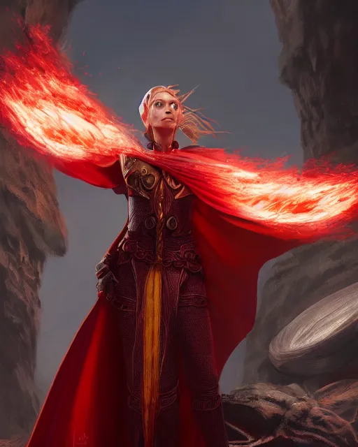 Image similar to character portrait of a female elf priest in a scale mail and a red cape casting a fire spell in a shape of a dragon, by greg rutkowski, trending on artstation, unreal engine 4 k, 8 0 mm, 8 5 mm, cinematic wallpaper