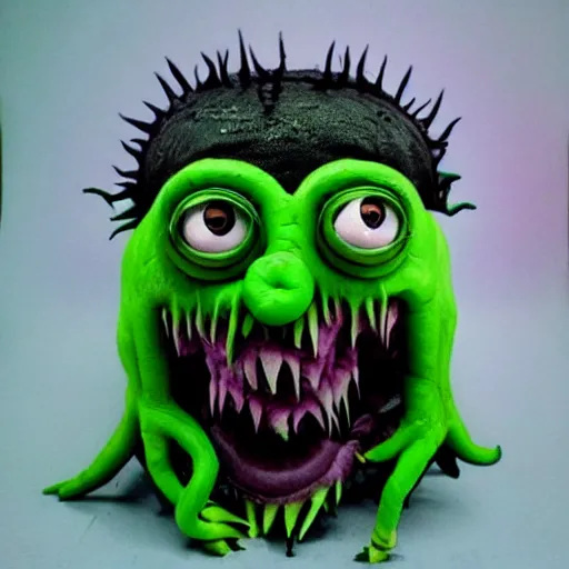 Image similar to Minion as Lovecraft's monster, dagon, Big monster, a lot of tentacles, evil, angry face, dark colours, green colours, high resolution, 50 mm, extremely realistic, cave, real life