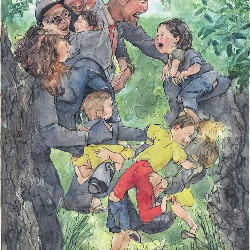 Image similar to small child swung between a mommy and a daddy at a zoo, award winning illustration by Don Freeman