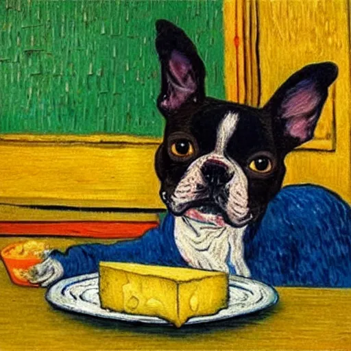 Image similar to a painting of a boston terrier eating cheese, in the style of van gogh, highly detailed