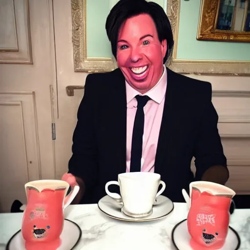 Prompt: jodie marsh/Michael mcintyre hybrid having tea at the ritz