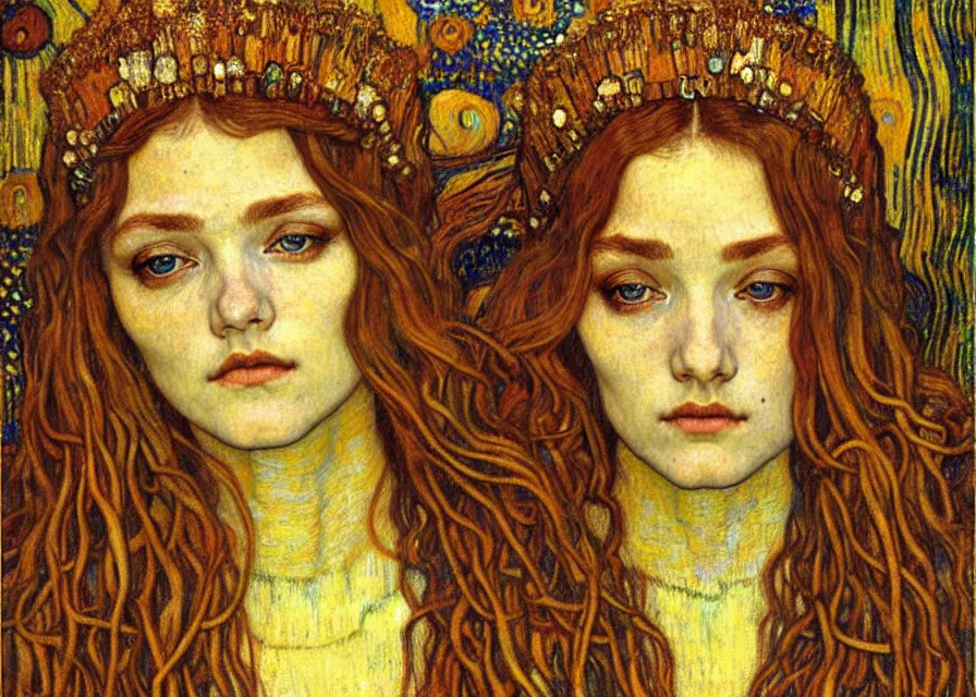 Image similar to detailed realistic beautiful young medieval queen face portrait by jean delville, gustav klimt and vincent van gogh, art nouveau, symbolist, visionary, gothic, pre - raphaelite, muted earthy colors, desaturated